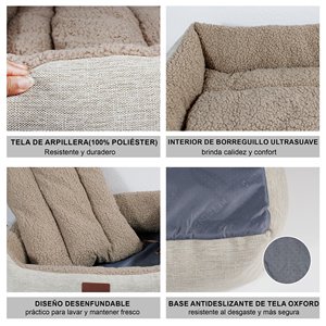 Ensemble de lit pour chat et chien à double usage pour l'hiver, chauffant, avec housse amovible, lavable en machine, rembourrage en fibre de polyester, toucher doux et moelleux, aspect lin épais - Product Image 4