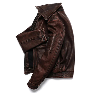 Veste moto en cuir véritable marron pour homme avec fermeture éclair, col rabattable, coupe classique, pour l'automne - Product Image 1