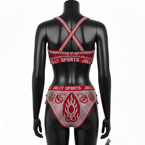 Conjunto de Bikini para Mujer, 230 GSM, Poliéster y Spandex, Tirantes Cruzados Rojos, Panel con Pedrería Hotfix, Logotipo Personalizado - Product Image 5