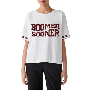 T-shirt ample en coton respirant pour femmes à col rond pour l'été Patchwork pailleté et travail manuel brillant avec Design Game Day - Product Image 1