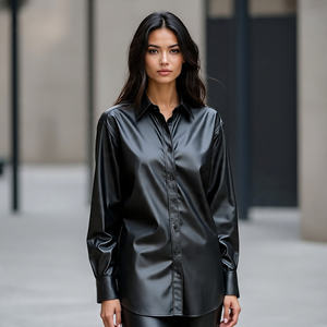 Letterman Vintage Faux <b>Leather</b> Casual <b>Shirts</b> for Women Oversize Loose Fit Button Fashion Motor Bike Outerwear Winter Style Front - Product Image 5