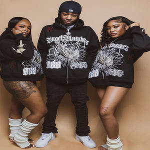 OEM ODM Survêtement unisexe en molleton de coton 500 GSM, sweat à capuche oversize à fermeture éclair, pantalon large et ample, impression sérigraphique, logo en strass - Product Image 3