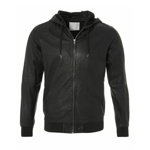 แจ็คเก็ตหนังสไตล์อิตาลีน้ำหนักเบามีฮู้ดสำหรับผู้ชายสีดำ - Product Image 6