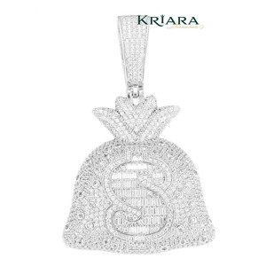 Pendentif Sac à Monnaie avec Pierres Moissanite, Argent 925 Rhodié et Plaqué Or 14K, Style Hip Hop, Breloque Unisexe - Product Image 2