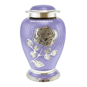 Silver Rose Cremation <b>Urn</b> Funeral <b>Urn</b> with <b>Large</b> Flower on Lilac Purple Enamel Burial <b>Urn</b> for Human Ashes Adult Size 100% Brass - Product Image 1