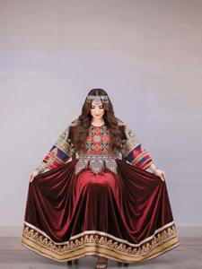 Luxury Afghan Maroon Silk Bridal Gown Heavily Embroidered With Mirror Work And Traditional Metal Coins Full Volume Skirt - Product Image 4