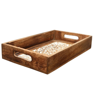 Bandeja de Servir Artesanal de Madera de Mango con Asas, Diseño Rectangular con Incrustaciones Decapadas, Elegante Decoración para el Hogar - Product Image 1