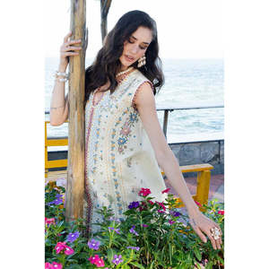 MUSHQ Bohemian 3PC Lawn Heavy Embroidered Sleeveless V-neck <b>Shirt</b> Chiffon Printed Dupatta Trouser for Spring/Summer - Product Image 2