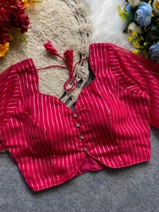 Modern Blouse V NECK style pattern blouse can be <b>used</b> in saree and laheng Blouse back open pattern with one to tone tasells - Product Image 6