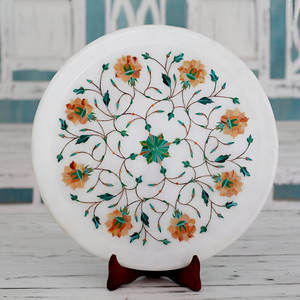 Meilleures ventes : Assiettes décoratives en marbre naturel avec incrustations florales, gravure de pierres précieuses, pour décoration intérieure et extérieure, vente en gros - Product Image 5