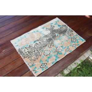 พรมวินเทจตุรกีขนาดเล็ก 1.7x2.5 ฟุต สีน้ำเงินน้ำตาล พรมขนสัตว์เปอร์เซีย - Product Image 2