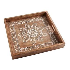 Ensemble fait main de 3 plateaux de service polyvalents en bois d'acacia plateaux en bois élégants avec poignée en métal pour le service de thé à la maison et la décoration - Product Image 2