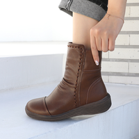 [JSHOE] Sepatu Boots Pendek Kulit Sapi Asli Korea untuk Musim Gugur, Hak 4cm, Ritsleting Samping, Lapisan Bulu Hangat, Sol Lembut, Detail Jahitan