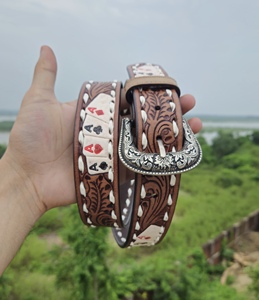 Ceinture Western en cuir repoussé de style vintage avec carte à jouer Poker Design matériau en peau de vache et boucle en alliage blanc - Product Image 3