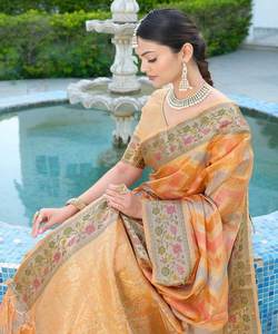 Saris de seda ropa de fiesta de la India último diseñador de las mujeres usan sari con blusa de Japón de crape de seda suave tejidos impresión digital sari - Product Image 3