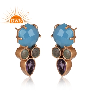 Dernière conception faite à la main en laiton plaqué naturel calcédoine bleue labradorite et hydro améthyste fabricant de boucles d'oreilles en pierres précieuses - Product Image 2
