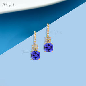 Boucles d'oreilles en pierres précieuses taillées dans un coussin de 6mm, tanzanite éblouissante, or massif 14 carats fait à la main pour fiançailles, bijoux fins - Product Image 5