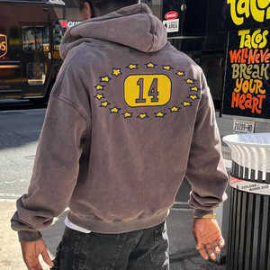 600GSM 1000GSM Custom Embossed Logo Oversized Distressed Embroidery Patch <b>Applique</b> Essential Acid Wash Zip up Boxy Men Hoodie - Product Image 2