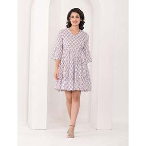 Vestido de Algodón Blanco Personalizado, Transpirable, con Estampado Butta Block, Cintura Imperio, Estilo Casual para Fiestas y Salidas Diurnas, Talla XS, Largo hasta el Suelo - Product Image 1