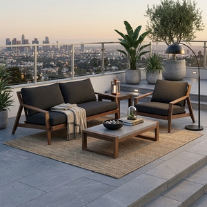 Ensemble de meubles de jardin en teck noyer foncé avec coussins en tissu Cartenza noir, canapé et fauteuil, pour aménagement de patio, design artistique pur - Product Image 4