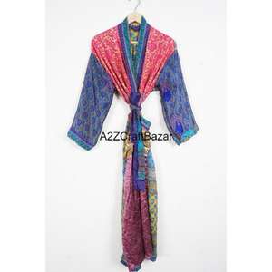 Handmade <b>Women</b> Luxury 100% Silk Sari Patchwork Bohemian Robe V Neck Drawstring Full Length Long Sleeve Soft Breathable Winter - Product Image 1