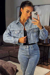 แจ็คเก็ตยีนส์สีฟ้าอ่อนแบบครอป ประดับคริสตัล แขนยาว ออกแบบสำหรับผู้หญิง ราคาโรงงาน รับสั่งทำ - Product Image 5