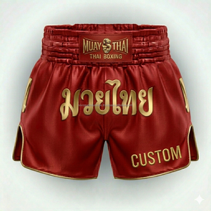 Shorts de Muay Thai personnalisés par sublimation, usine OEM, vente en gros, satin, séchage rapide, évacuation de l'humidité, kit de combat d'équipe, 100% polyester - Product Image 4