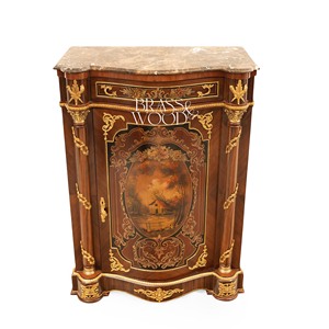 Meuble à chaussures de luxe de style français avec plateau en marbre foncé, décorations peintes à la main, marqueterie florale et accents dorés pour palais - Product Image 1