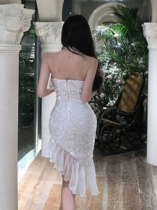 [Buen precio] DR140 mini vestido abrazando figuras hecho de material de lluvia de nieve en el exterior en lentejuelas con hendidura de cola de pez plisada - Product Image 3