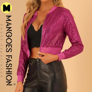 Chaqueta Bomber Corta de Lentejuelas Brillantes para Mujer, con Relleno de Algodón, Color Rosa Intenso, Cierre Frontal con Cremallera para un Estilo Impresionante - Product Image 6