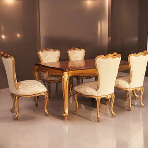 Ensemble de table à manger en bois moderne de luxe, artisanal, 6 places, chaises sculptées élégantes, rembourrées, meubles de maison, utilisation hôtelière - Product Image 1
