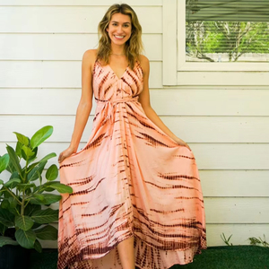 Elegante Tie Dye Maxi vestido de moda verano noche Casual desgaste sólido patrón botón decoración al por mayor playa vacaciones - Product Image 1