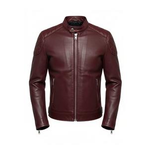 Chaqueta de Cuero de Cordero Borgoña Premium para Hombre, Estilo Café Racer, Corte Ajustado, Moda Motera Moderna, Cierre de Cremallera, Logotipo Frontal, Transpirable - Product Image 1