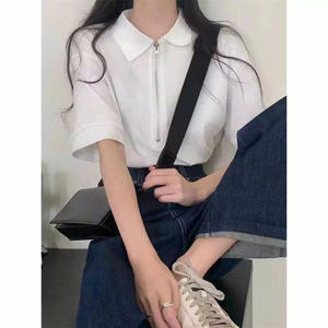 Polo de mujer holgado, Polo de mujer negro con panal de algodón suave y cremallera 2025 - Product Image 1