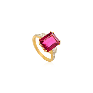Bague de mariage personnalisée en tourmaline rose octogone en or jaune 14 carats et diamant taille baguette sertissage à double broche bijoux en gros - Product Image 3