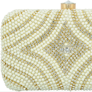 Bolso de mano de noche con patrón de diamantes con cuentas de perlas blancas para mujer Diseño de diamantes de imitación para fiestas y uso nupcial - Product Image 1