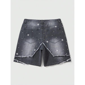 Pantalones cortos de mezclilla con letras de diamantes de imitación personalizados al por mayor OEM parche de estrella borde deshilachado ropa de calle Hip Hop de gran tamaño Jorts moda de verano - Product Image 2