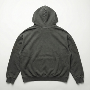 Sweat à capuche streetwear épais pour femme, 500 g/m² en molleton de coton, délavé à l'acide, doublé, avec impression 3D en relief et effet vieilli, vente en gros - Product Image 2