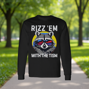 T-shirt a maniche lunghe con design 'Rizz Em with the Tism' con meme del procione per promozioni - Product Image 3
