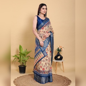 Nuevo Sari Artístico de Lino y Algodón Color Beige Azul Pavo Real GG-611, Tejido Jacquard Beige Crema Claro, Atractivo y Cómodo - Product Image 3