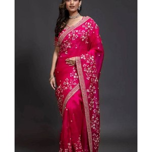Dernier modèle de sari indien en organza pour femmes, de qualité supérieure, pour les fêtes et les mariages, avec de belles broderies, non cousu, lavable - Product Image 1
