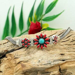 925 Sterling Silver Natural Turquoise and Coral Fine <b>Charm</b> <b>Bracelet</b> Gift <b>for</b> <b>Girls</b> and Women - Product Image 3
