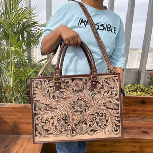 Large Western Concealed Carry Tooled Leather Briefcase <b>Laptop</b> Shoulder <b>Handbag</b> Brown Hand Tooled Tote Bag Genuine Leather Purse - Product Image 2