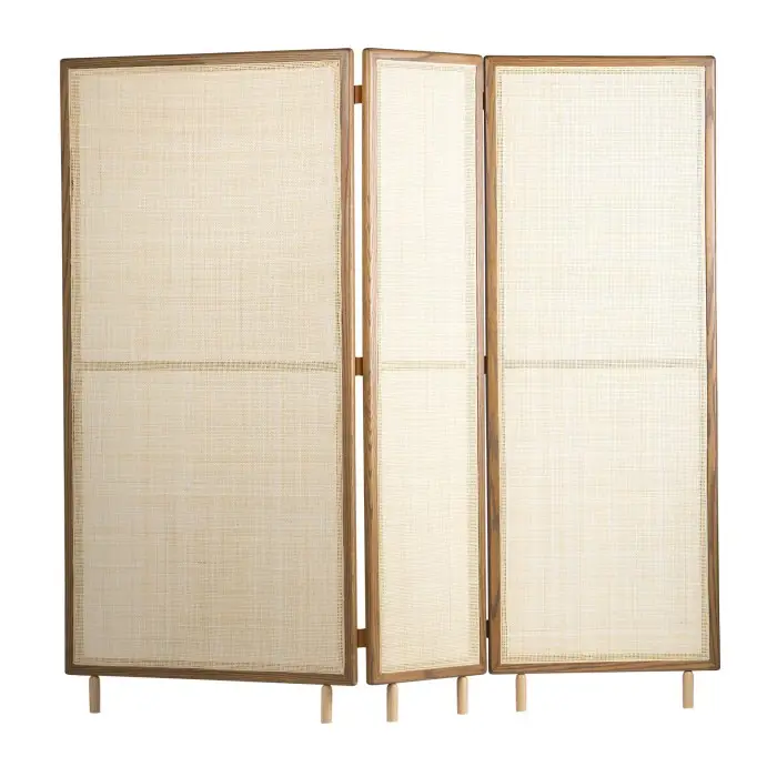 Ahsay modern room divider made from solid teak wood frame and woven rattan with natural results.