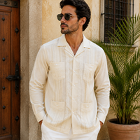 Chemises pour hommes en lin personnalisées, 100% lin, col cubain, plissées, quatre poches, manches longues, chemise Guayabera pour hommes