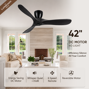 42 Inch Black Flush Mount Ceiling Fan Without <b>Light</b>, Solid Wood Blades, Reversible DC Motor for Bedroom - Product Image 1
