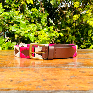 เข็มขัดโปโลสไตล์ลำลองของผู้ชายหัวเข็มขัด100% ทองเหลือง oeb สีขาวชมพูด้ายหนังแท้รีไซเคิล - Product Image 3