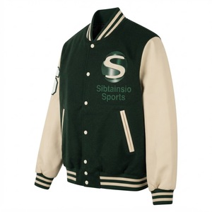 Chaqueta Letterman Verde Crema con Mangas en Contraste, Cuello y Puños de Punto Acanalado a Rayas, Cintura Alta, Chaqueta de Hombre Personalizada al por Mayor de Alta Calidad - Product Image 1