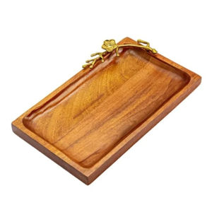 Plateau de service rectangulaire en bois de manguier artisanal de haute qualité avec poignées en laiton en forme de fleur, finition polie, décoration d'intérieur - Product Image 6