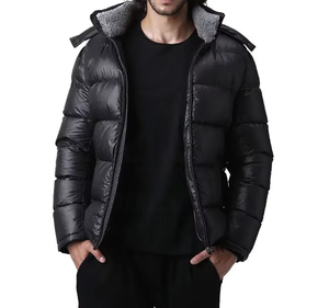 Chaqueta de invierno para hombre, abrigo acolchado con capucha, logotipo OEM, acolchado brillante, informal, estilo pesado, cremallera, negro, aspecto de burbuja de gran tamaño - Product Image 5